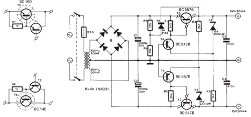 montage Alimentation sym�trique  15 V/ 50 mA