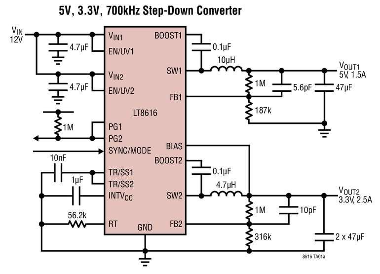 Double convertisseur (2,5A + 1,5A), abaisseur, synchrone, rendement de 95%, fonctionnant sur des tensions d’entrée de 3,4V à 42V Double convertisseur (2,5A + 1,5A), abaisseur, synchrone, rendement de 95%, fonctionnant sur des tensions d’entrée de 3,4V à 42V