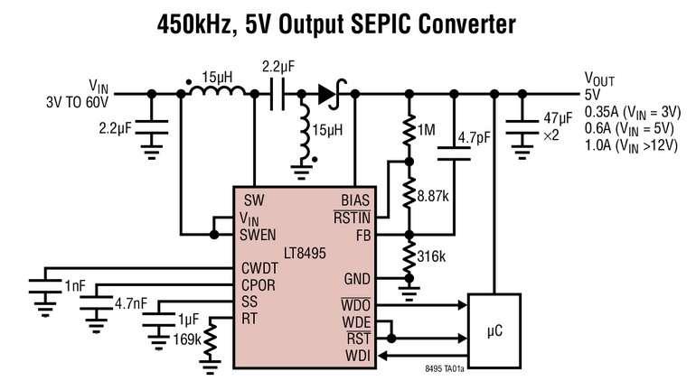 Convertisseur élévateur, SEPIC, 70V, 2A, pour l’automobile, courant de repos de 9µA, comprenant une réinitialisation à la mise en marche et une minuterie chien de garde Convertisseur élévateur, SEPIC, 70V, 2A, pour l’automobile, courant de repos de 9µA, comprenant une réinitialisation à la mise en marche et une minuterie chien de garde