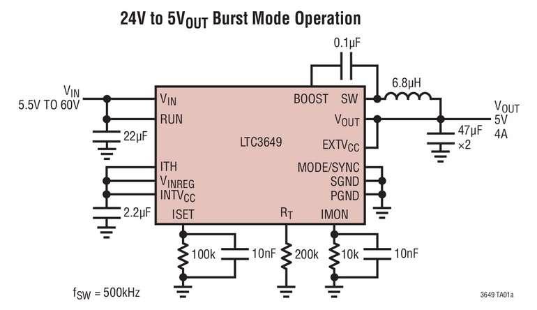 Régulateur abaisseur, synchrone, 60V, 4A, avec réglage de la tension de sortie rail à rail et compensation des chutes de tension dans les câbles Régulateur abaisseur, synchrone, 60V, 4A, avec réglage de la tension de sortie rail à rail et compensation des chutes de tension dans les câbles