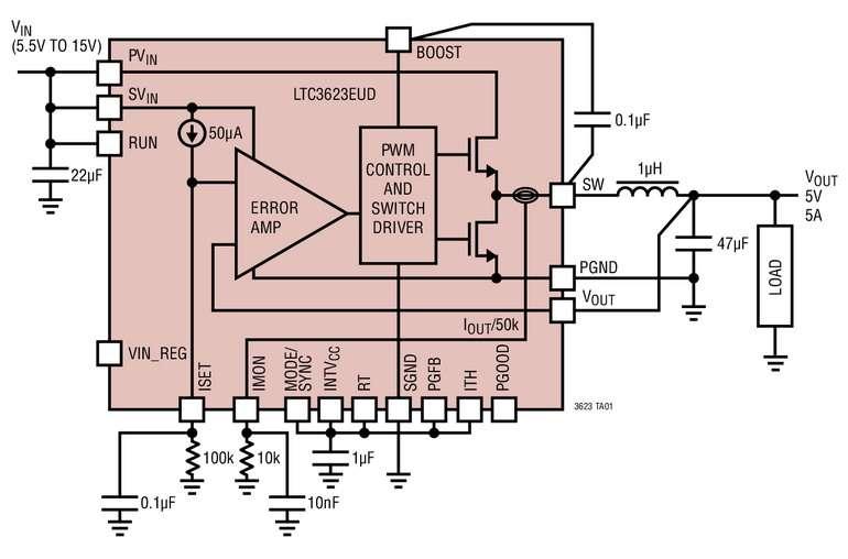 R�gulateur abaisseur, synchrone, � une seule r�sistance, rail-�-rail, courant entrant et sortant �5A, de 0V � 14,5V en sortie