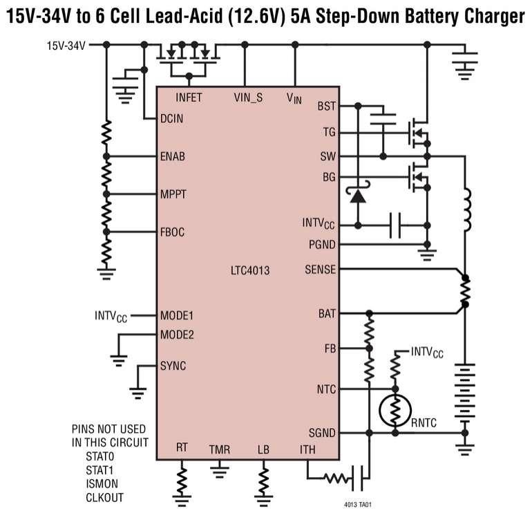 Chargeur de batterie, 60V, abaisseur, synchrone, comprenant des algorithmes de charge des batteries au plomb et Li-ion, pour des courants de charge jusqu�� 20A