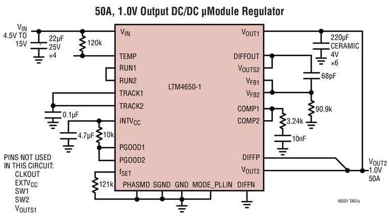 R�gulateur �Module pouvant �tre mis en parall�le, 50A � 300A, avec 60% de condensateurs en moins pour alimenter GPU, FPGA, ASIC et processeurs de moins de 28nm