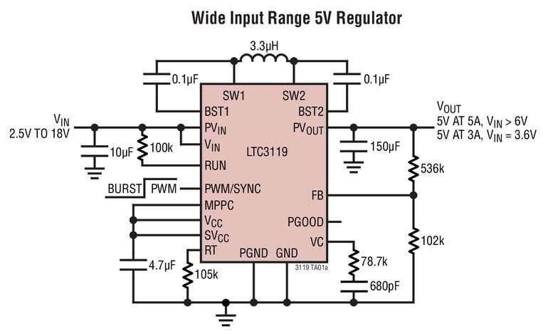 Convertisseur DC/DC, 18V, 5A, abaisseur-�l�vateur, synchrone, monolithique, r�alisant un rendement de 95%