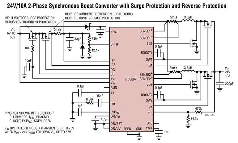 Contr�leur �l�vateur, synchrone, multiphase, 60V, offrant jusqu�� 97% de rendement, avec protection en entr�e et sortie