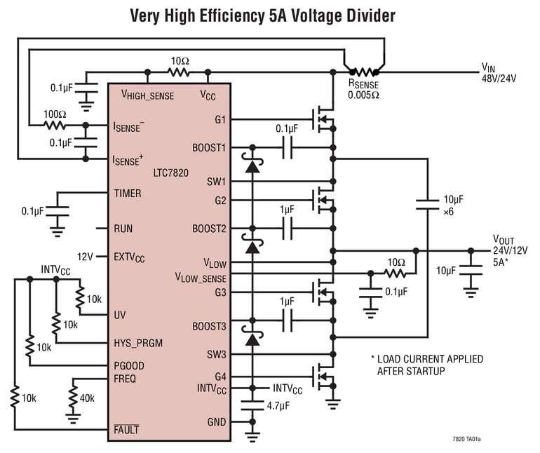 Contr�leur DC/DC, 72V, � rapport de conversion fixe, �liminant l�inductance de puissance et g�n�rant 500W+ dans les applications � convertisseur de bus interm�diaire non isol�