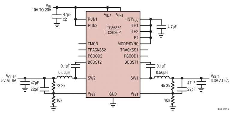 R�gulateur double 6A, 20V, 4MHz, abaisseur, synchrone, en bo�tier compact 4mm x 5 mm