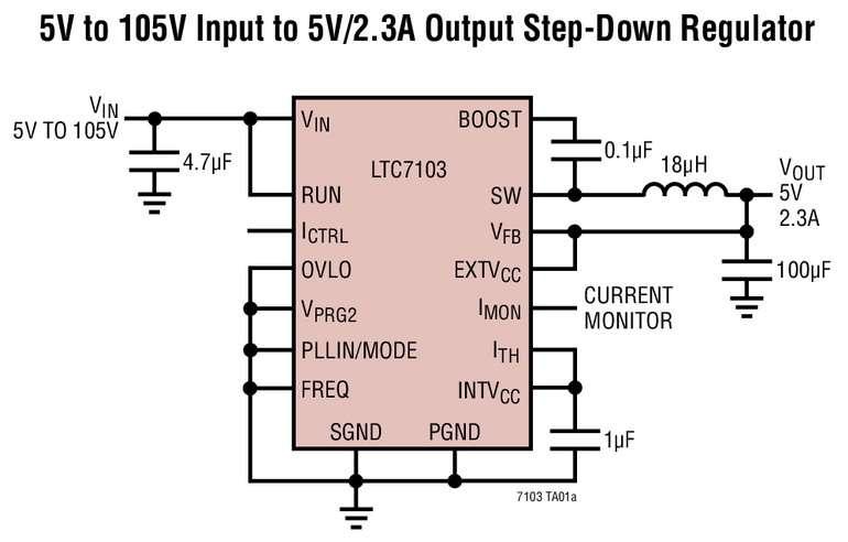 R�gulateur, abaisseur, synchrone, 105V, 2,3A, r�alisant un rendement de 96% avec de tr�s bas niveaux d��missions EMI/EMC